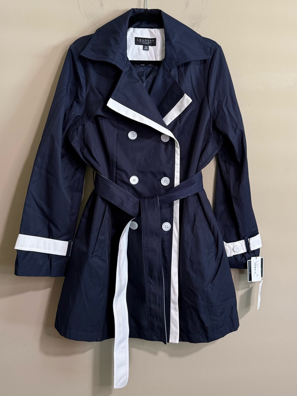 Laundry by Shelli Segal NWT Navy White Contrast Belted Trench Coat L - Picture 2 of 9